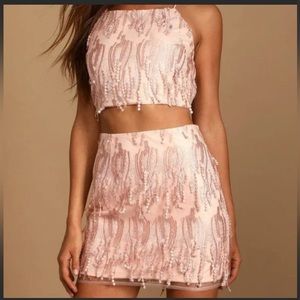 NWT LULUS Dancing in a Dream Blush Fringe Lace-Up Two-Piece Mini Dress women’s L